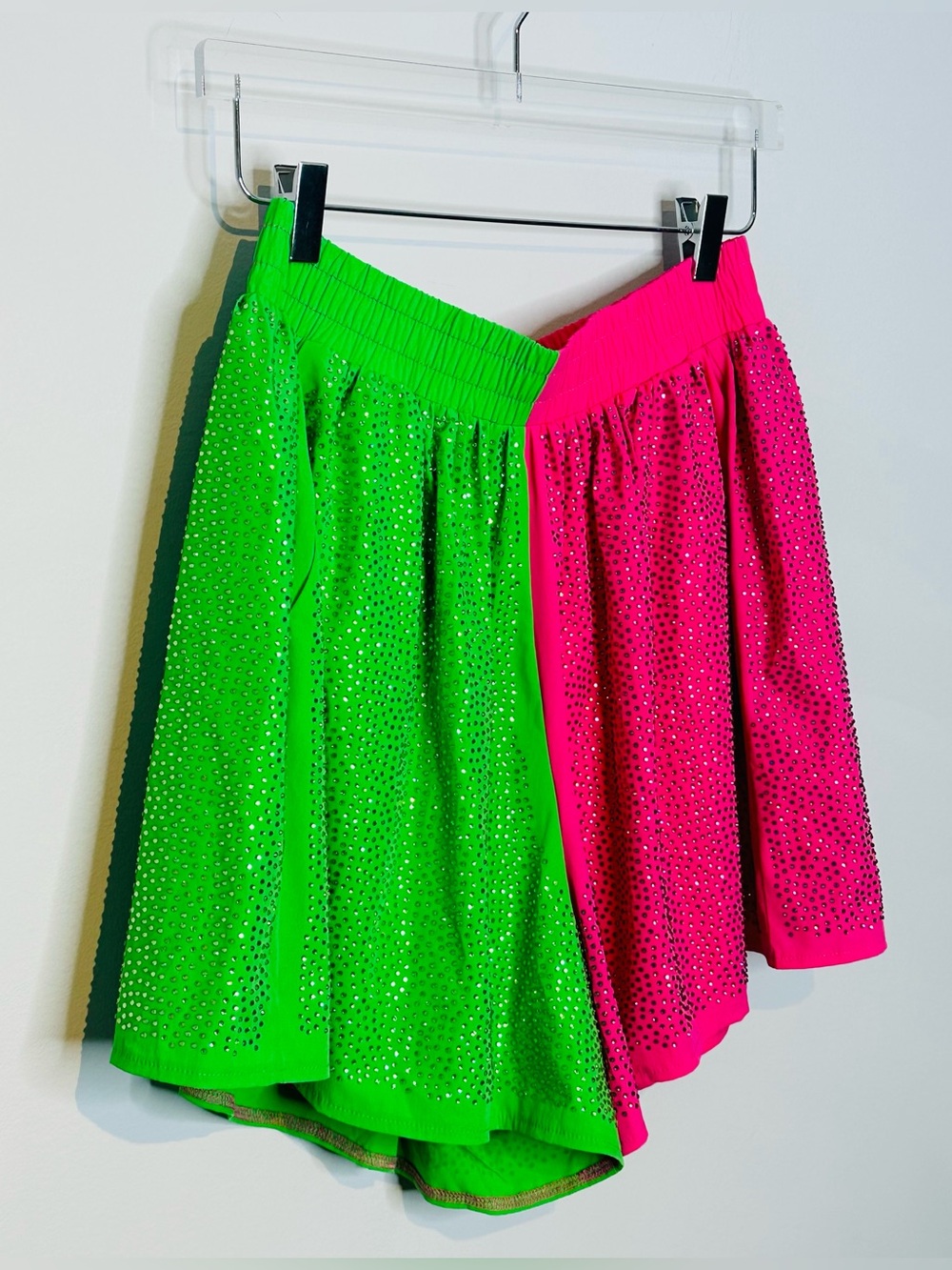 Queen of Sparkles Colorblock Rhinestone Pink Green Pull On Shorts - Picture 3 of 12